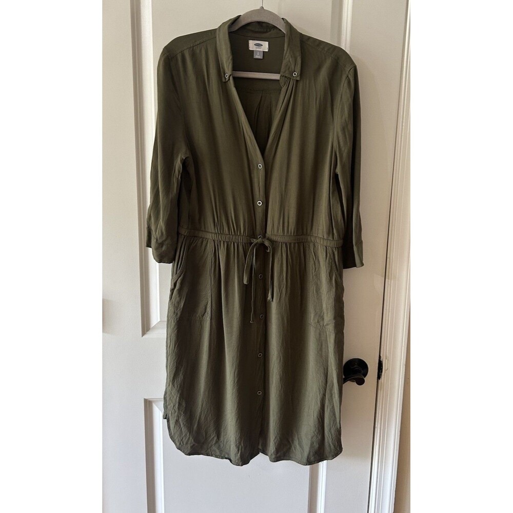 Old Navy Women's Size Large Green 3/4 Sleeve Shirt Dress Drawstring Waist
